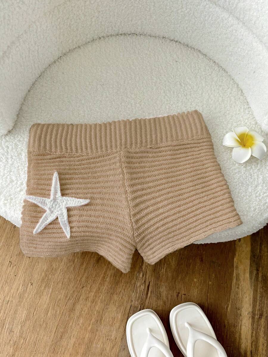 Flirla Starfish Crochet 3D Decorative Vacation Knit Shorts Beach Vacation White Shimmer Summer Sexy Breezy - Khaki - View 1