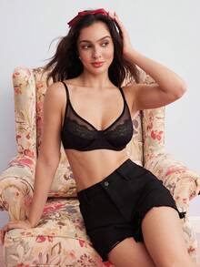 Elorette Contrast Lace Underwire Sexy Lingerie Bra - Black - View 7