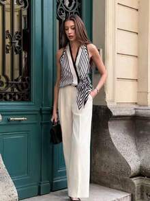 Pariaura Lazy High-End Elegant Printed Halter Neck Tank Top Women's Summer Design Tie-Up Minimalist Sexy Elegant Shirt - Apricot - View 4