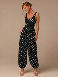 COSMINA Jumpsuit Tanpa Punggung Motif Polkadot untuk Wanita di Musim Panas - Hitam - View 3