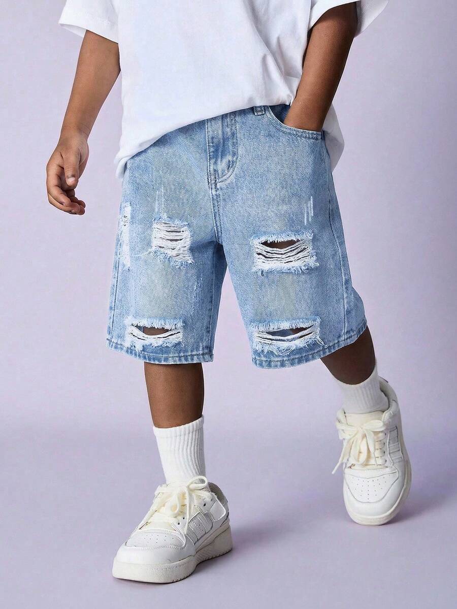 SHEIN Little Byeori 青少年男童口袋做旧拉链休闲牛仔短裤 - 淺色水洗藍 - 查看 1