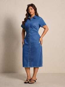 Elaquor Gaun Denim Kancing Depan Kasual Musim Panas Ukuran Besar - Medium Wash - View 6