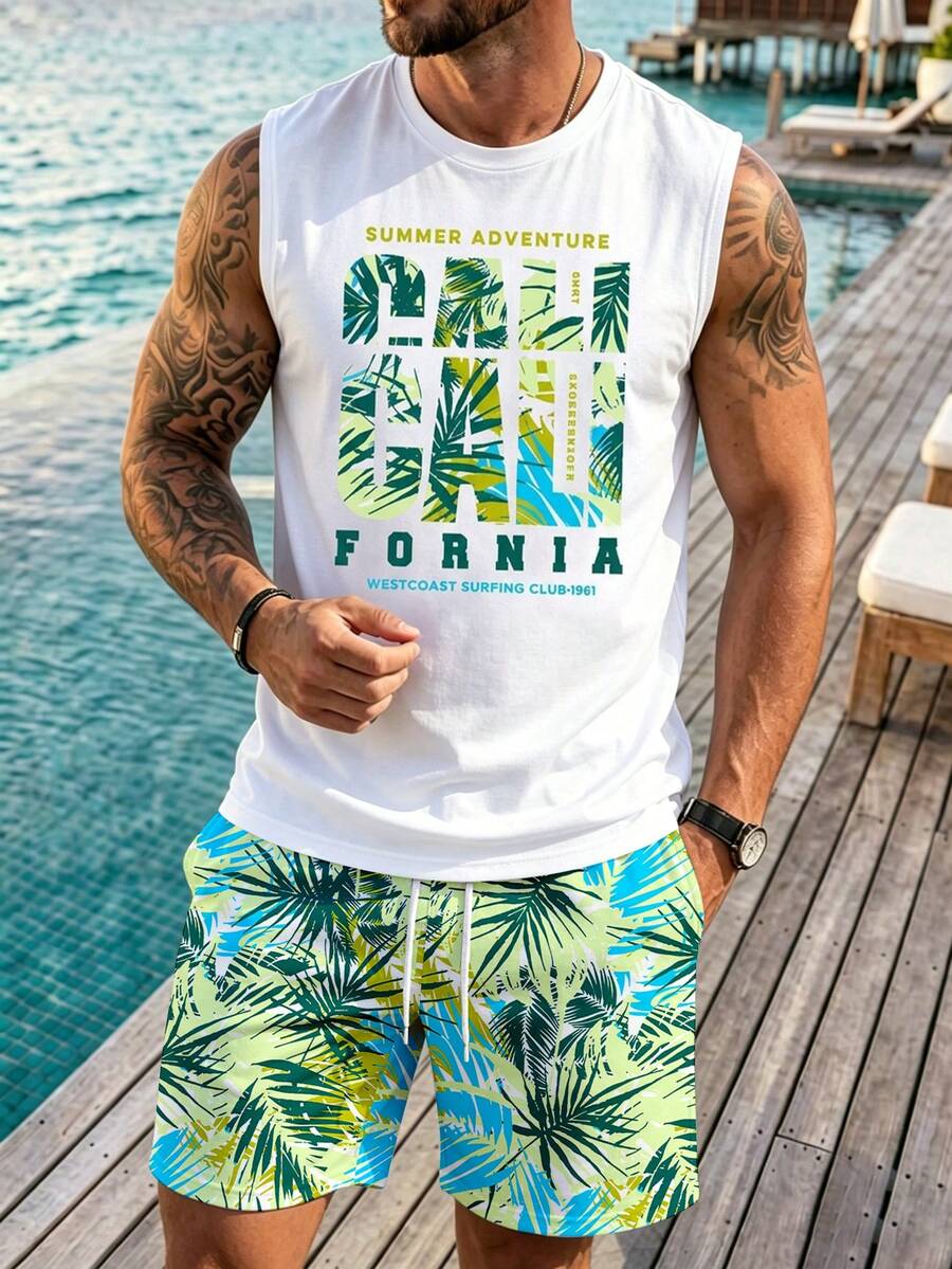 VIVINTIMO 男士夏季加州風印花背心短褲套裝,酷爽加州風,展現陽剛魅力,開啟你的夏季酷爽冒險 - 彩色 - 查看 1