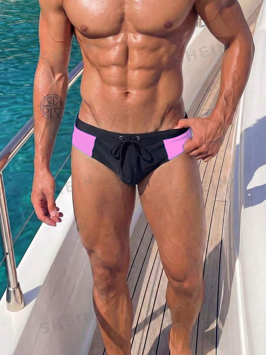 Manfinity Swimmode 2026新款男士拼色抽繩沙灘健身度假泳池派對三角泳褲 黑色 夏季性感 度假款 - 彩色 - 查看 1