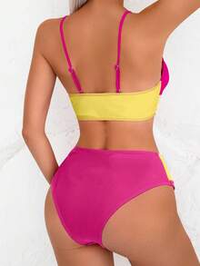 Swim Vcay Conjunto de traje de baño de dos piezas con bloques de color y patchwork para vacaciones en la playa - Multicolor - Ver 2