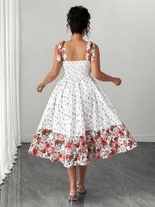 SHEIN Clasi Plus Size Women's Summer Chiffon Vintage Fairycore Celestial Cottage Core Rose Print Spaghetti Strap Tie-Waist Fit Flare Dress Red And White - Multicolor - View 2