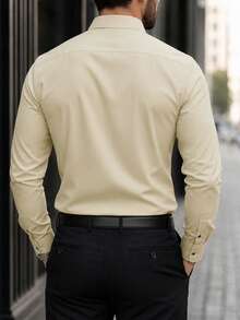 Manfinity Mode Men's Solid Color Stand-Up Collar Long Sleeve Shirt,Black And Beige,Autumn,Business Casual,Office Formal Commuting Old Money Style - Apricot - View 2