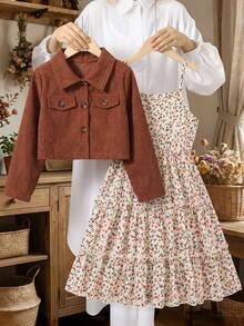 SHEIN Vintaside Kids Young Girls New Fashion Blazer Collar Long Sleeve Jacket With Elastic Waist A-Line Tiered Floral Print Cami Dress 2-Piece Set, Suitable For Daily Casual, Vacation, Picnic, Brown Maillard Color, Spring/Autumn - Brown - View 3