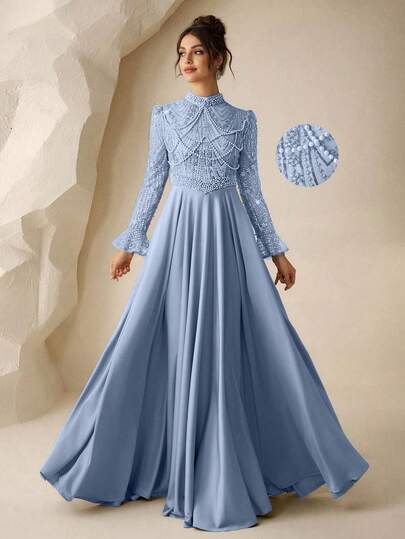 Coutiva Elegante vestido de satén con lentejuelas para otoño e invierno, cuello alto, mangas largas, diseño de perlas y strass, corte evasé, adecuado para vestido de invitada de boda, vestido de fiesta de cumpleaños, ceremonia de graduación, festival de música, vestido de fiesta