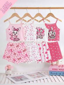 SHEIN 4件套随机混色女童夏季两件套，樱桃、豹纹、兔子、爱心、条纹、蝴蝶结印花吊带上衣搭配荷叶边短裤，针织面料，舒适睡衣/家居服，适合室内外穿着，粉色格子休闲百搭少女风 - 彩色 - 查看 3