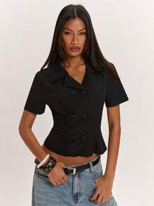 SHEIN BAE Women's Black Double-Breasted Short-Sleeved Jacket, Suitable For Casual Outings, Slim-Fit Black Jacket, Short-Sleeved Black Jacket. - Black - View 5