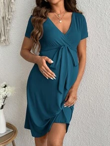 SHEIN 孕婦純色V領哺乳功能休閒日常穿著洋裝 - 水鴨藍 - 查看 6