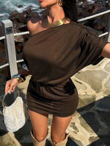 Bonvoyette Women's Solid Color Asymmetrical Shoulder Pleated Casual Tropical Vacation Cover-Up Dress Vacation Chocolate Brown Summer - Teal Blue - View 4