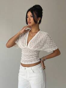 Aloruh White Polka Dot Deep V Ruched Short Sleeve Tight Fitted Women T-Shirt Birthday Summer Elegant - Apricot - View 1