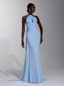 Elitara Elegant Formal Light Blue Chiffon Backless Halter Neck Ribbon Decoration Rhinestone Mermaid Skirt Party Night Evening Wedding Guest Dress Winter - Baby Blue - View 5