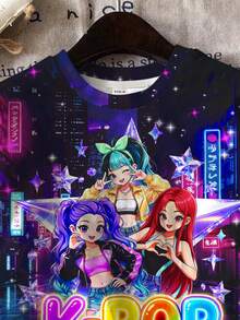 青少年女孩休閒 Y2K 卡通女團印花演唱會短袖 T 恤與短褲 2 件套，適合夏季度假，全黑 - 彩色 - 查看 5