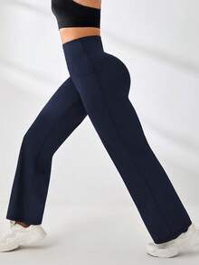 Easithlete Solid Color High Waist Straight Leg Sports Pants - Dusty Blue - View 5