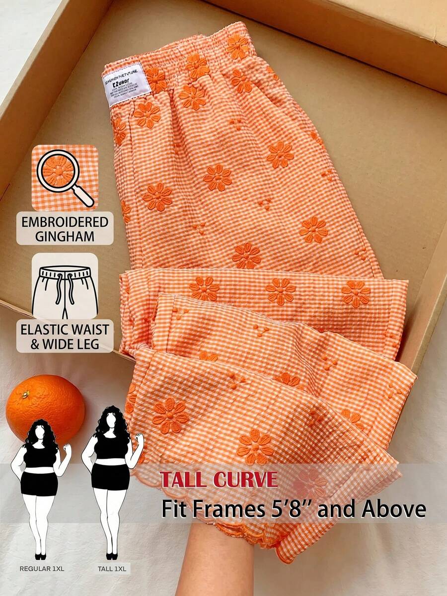 SHEIN Tall CURVE 大尺碼女款花卉刺繡貼布休閒長褲 - 亮橙色 - 查看 1