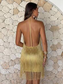Aloruh Women's Spring/Summer New Gold Color Flowy Tassel Backless Mini Dress Suitable For Party Night Out, Evening, Y2K Sexy, Hot Girl - Champagne - View 2