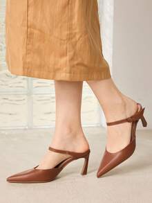 MOTF WOMEN'S BOW BACK STRAP HIGH HEELS, POINTED THICK HEEL MEDIUM HEEL SHOES, ELEGANT BROWN IMITATION LEATHER FASHION SHOES, WORKPLACE COMMUTER DAIL - Caramel Brown - View 7