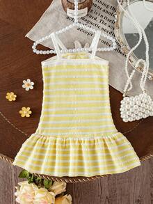 SHEIN Playful Pals 女嬰 YK2 夏季韓系新款時尚甜美洋裝，細肩帶露背彩虹條紋可愛度假套裝 - 黃色 - 查看 2