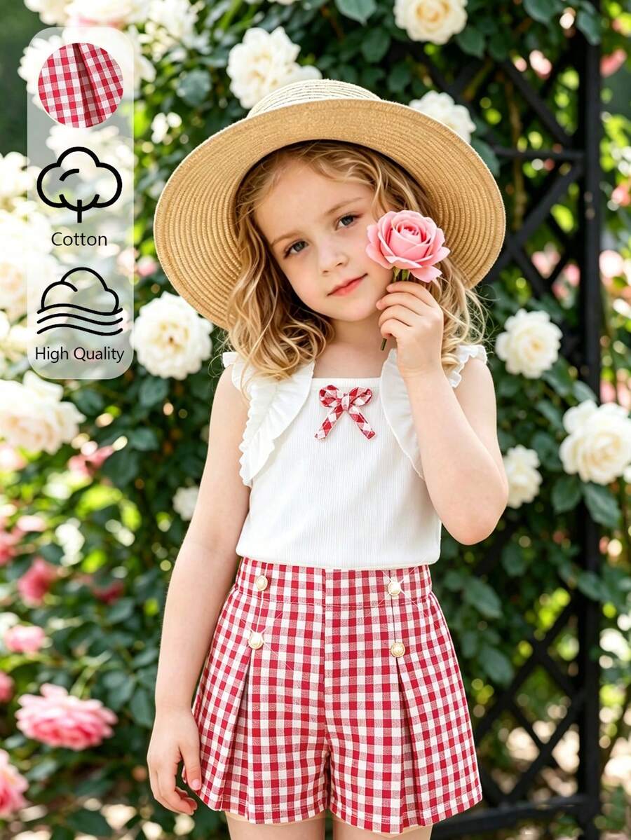 少女春夏季新款甜美學院風兩件套,白色素色柔軟螺紋面料無袖上衣搭配精緻荷葉邊裝飾短褲,紅色格紋蝴蝶結裝飾 - 紅白色 - 查看 1