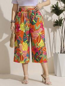 Comfylo Pantalones de pierna ancha con cintura de cordón y estampado de plantas tropicales florales talla grande 7/10 - Multicolor - Ver 5