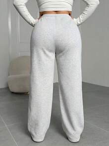 SHEIN Tall CURVE 大尺碼女款素色抽繩腰寬腿鬆身休閒長褲 - 淺灰色 - 查看 9