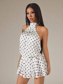 SHEIN PETITE 春夏棕色純色波點露背掛脖優雅不對稱下擺迷你超短辣妹洋裝，音樂節穿搭度假洋裝，適合嬌小女性 - 白色 - 查看 3