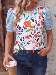 EMERY ROSE Vacation Style Floral Patchwork Top, Striped Puff Sleeve Crew Neck Lightweight Blouse - Multicolor - View 4