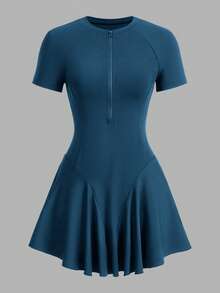 SHEIN Cheerettes 女款純色短袖前拉鍊運動連身裙附短褲 - Blue Power - 查看 3