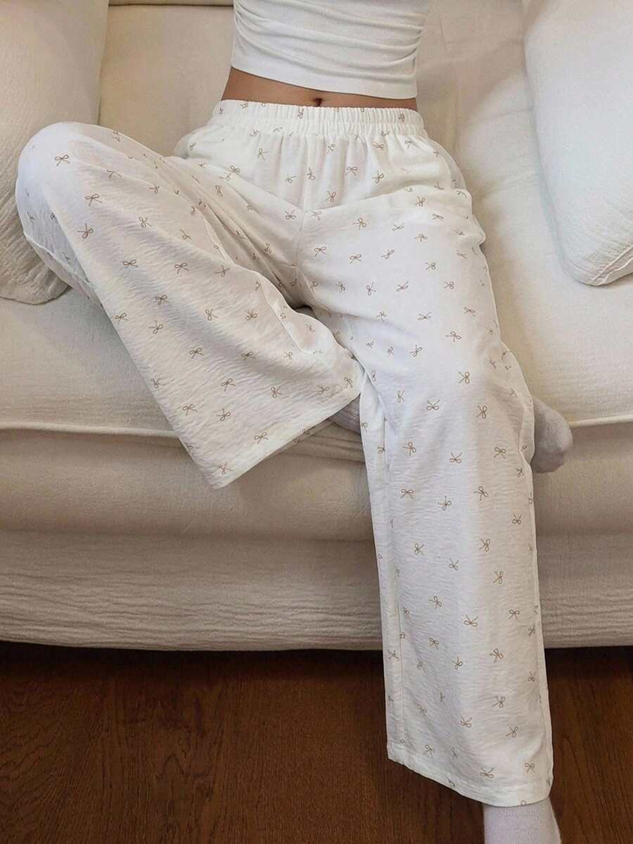 DAZY 女款條紋星星印花滿版寬鬆直筒長款睡褲 - 白色 - 查看 1