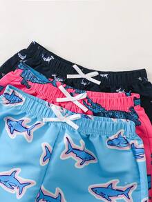 SHEIN 3件組兒童青少年男孩休閒運動百搭舒適海洋生物多巴胺色鯨鯊印花寬鬆梭織泳褲沙灘短褲多件套 3款各1件 適合通勤上學日常休閒度假旅行運動 春夏 - 彩色 - 查看 5