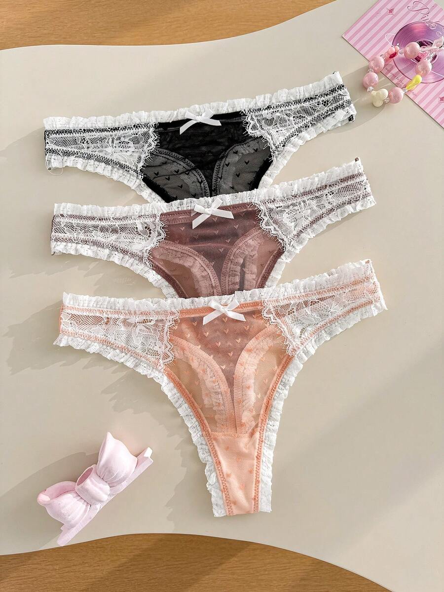 FairyFlirt Women's Lace Patchwork Bow Mesh Comfortable Thong Panties 3-Piece Set - Multicolor - View 1