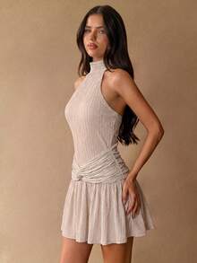 SHEIN BAE Dusty Pink Textured Waist Ruched A-Line Mini Dress Suitable For Day Party Night Out Date Night Vacation Music Festival Shiny Glamorous Elegant Sexy - Apricot - View 6