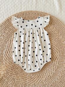 SHEIN LMoss Kids 新生女嬰可愛夏季休閒波點圖案荷葉袖連身衣 - 米色 - 查看 2
