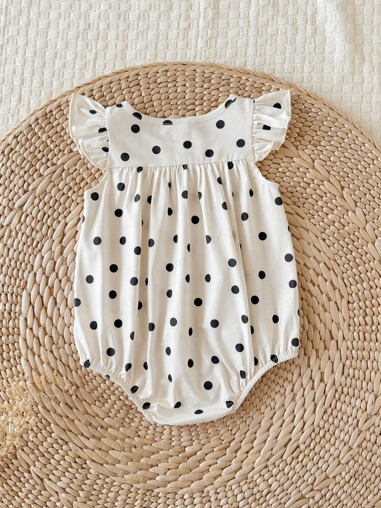SHEIN LMoss Kids Newborn Baby Girl Cute Summer Casual Polka Dot Pattern Flutter Sleeve Romper - Beige - View 2