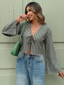 SHEIN Clasi Women's Solid Color Three-Dimensional Embroidery Front Tie Casual Boho Autumn Shirt Vacation Grey - Green - View 7