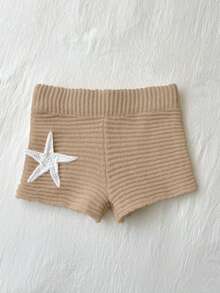 Flirla Starfish Crochet 3D Decorative Vacation Knit Shorts Beach Vacation White Shimmer Summer Sexy Breezy - Khaki - View 3