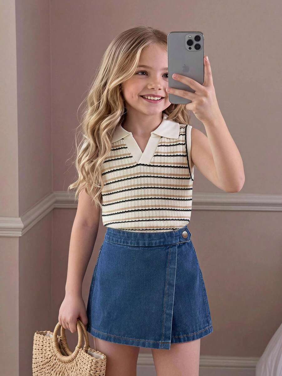 SHEIN Genkimix Kids 2件組少女 Polo 領條紋針織上衣與牛仔裙褲，返校穿搭套裝