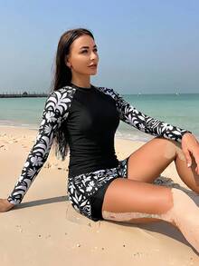 Swim SPRTY 2026新款四季通用夏季海灘熱帶印花落肩袖防曬泳裝女款背心細肩帶比基尼 - 黑與白 - 查看 4