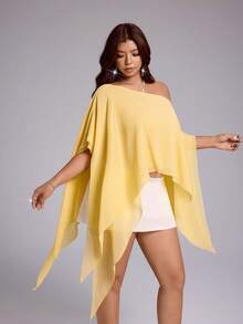 Viva Relle Plus Size Asymmetrical Ruffle Shoulder Commuter Romantic Comfortable Elegant Blouse - Yellow - View 5