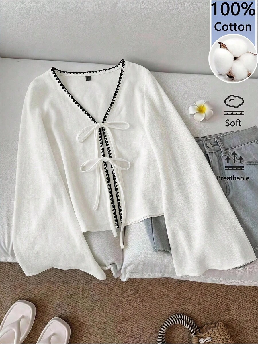 SHEIN LUNE 女款 100% 純棉休閒純色 V 領喇叭袖前綁結襯衫,春秋款棕色 V 領上衣,白色上衣,白色前綁結上衣,休閒風格 - 白色 - 查看 1