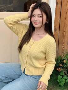 Dazy Plus 女款大尺碼黃色編織麻花針織短版長袖開襟衫，春夏可愛上衣 - 黃色 - 查看 6