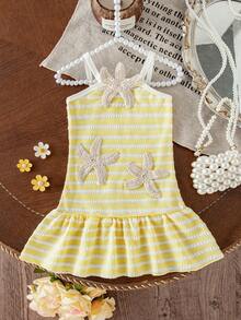SHEIN Playful Pals 女嬰 YK2 夏季韓系新款時尚甜美洋裝，細肩帶露背彩虹條紋可愛度假套裝 - 黃色 - 查看 4