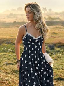 WESTFADE Navy Blue Polka Dot Floral Embroidered V Neck Smocked Waist Fit&Flare Midi Dress, Country Style, Western, Festival, Concert, Nashville, Rodeo, Cowgirl - Royal Blue - View 4