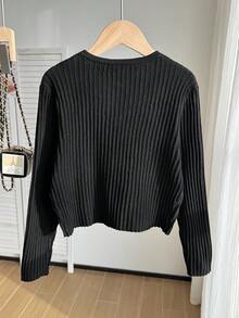SHEIN 大女孩黑色細蝴蝶結針織開襟外套，適合搭配細肩帶洋裝與細肩帶上衣，可單穿或作為外搭外套 - 黑色 - 查看 3