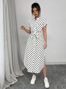 SHEIN Raffinéa 女款休閒度假旅行豹紋前扣鈕扣腰帶蝴蝶結口袋側開衩2025夏季新款短袖長洋裝 - 白色 - 查看 4
