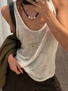 Livesso Women's Fitted Loose Casual Round Neck Wide Strap White Versatile Tank Top Summer - White - View 1