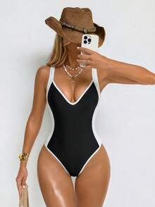 Shapewave Women's Colorblock Casual Sexy One-Piece Swimsuit With Straps For Vacation Beach Black Summer - Black and White - View 4